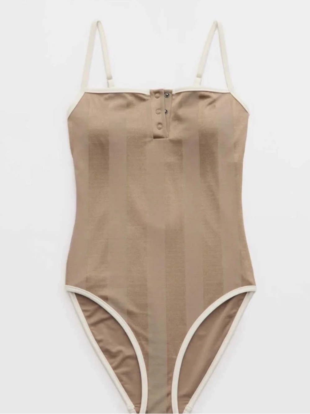 aerie Neutral Stripe One-Piece Swimsuit in Beige with Cream Trim